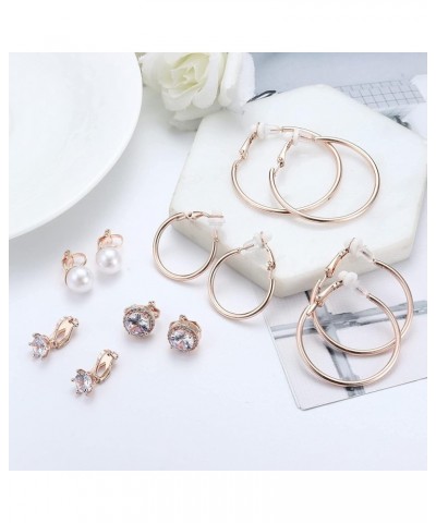 6 Pairs Clip On Earrings for Women Fashion Hoop CZ Pearl Stud Earrings Women Clip On Earrings Set Rose gold Tone $8.66 Earrings