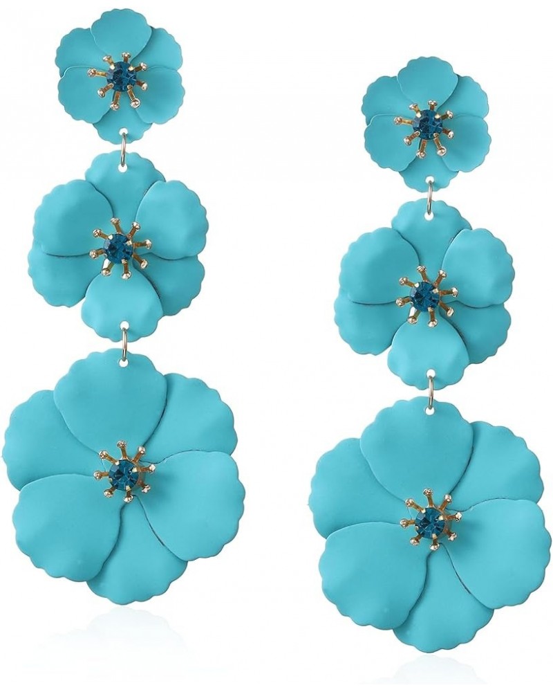 Unique Handmade Bohemian Large Matte 3 Layer Flower Dangle Drop Earrings Metal floral Stud Earrings For Women Statement Weddi...