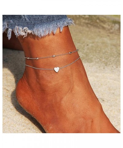 Ankle Bracelets, Dainty Double Layered Anklet, Heart Beach Foot Chain, Jewelry Anklets for Women Teen Girls Summer Gifts Silv...