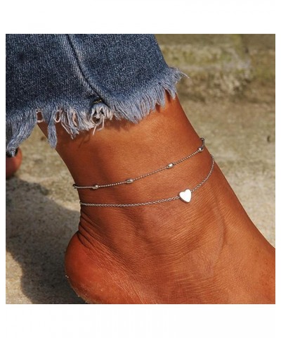 Ankle Bracelets, Dainty Double Layered Anklet, Heart Beach Foot Chain, Jewelry Anklets for Women Teen Girls Summer Gifts Silv...