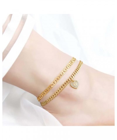 Heart Initial Ankle Bracelets for Women, 14k Gold Plated Layered Cuban Link Anklets for Women Letter Gold Anklets for Women M...