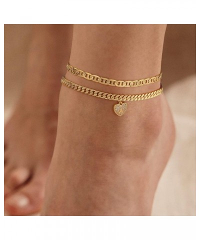 Heart Initial Ankle Bracelets for Women, 14k Gold Plated Layered Cuban Link Anklets for Women Letter Gold Anklets for Women M...