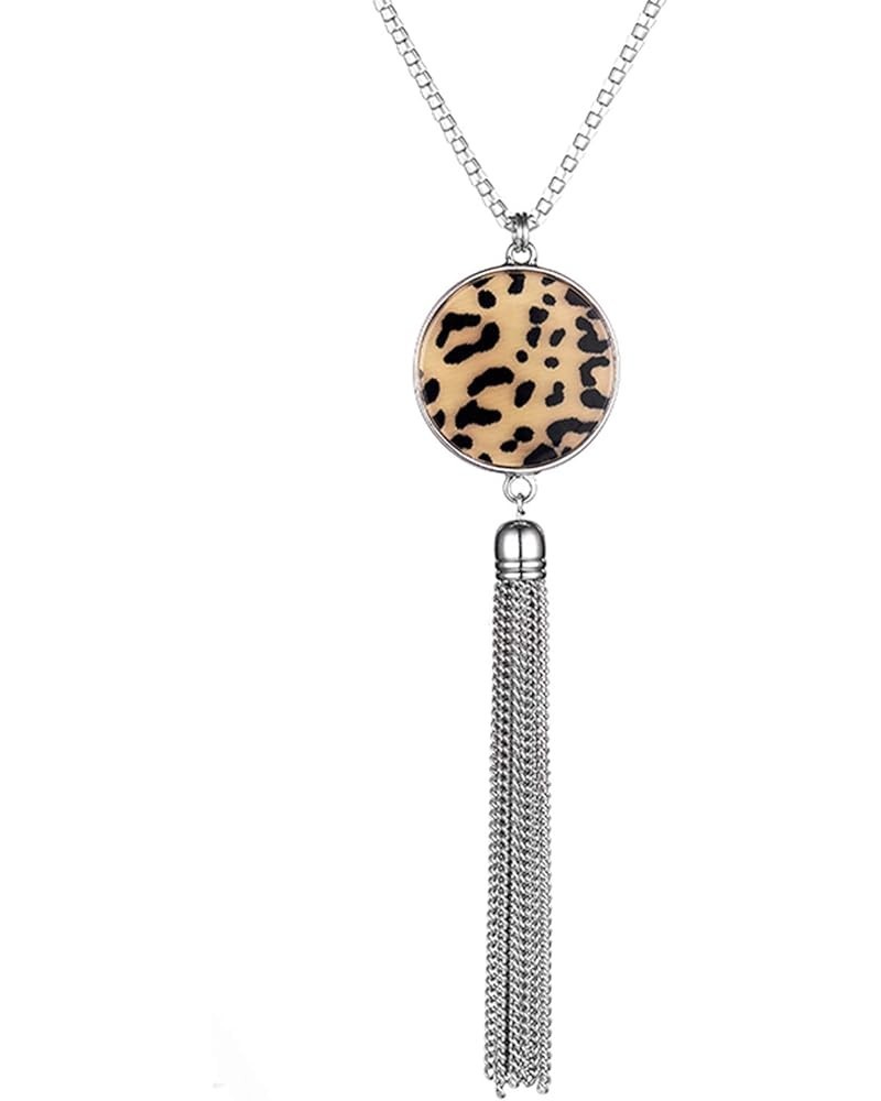 Long Tassel Pendant Necklaces For Women - Faux Pearl Necklace with Silver Chain, Fashion Jewelry For Lady Leopard print $9.50...