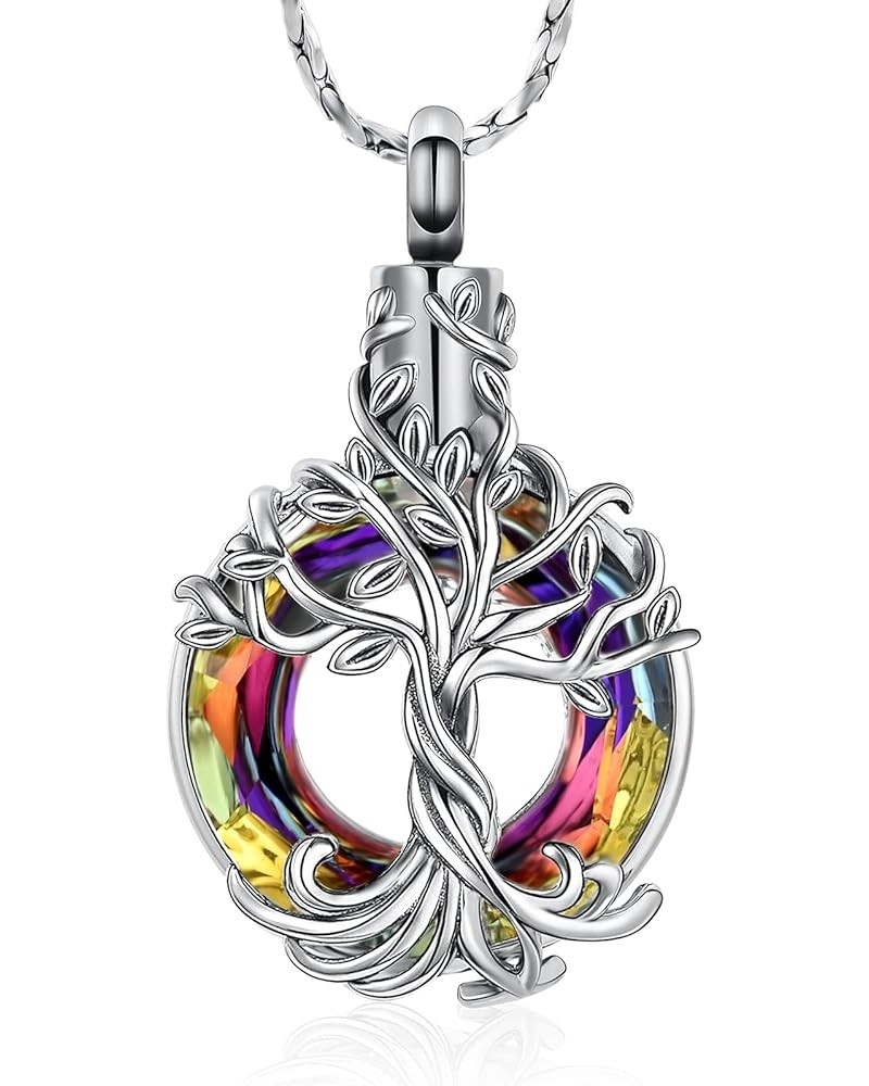 Tree of Life Urn Necklace for Men Women Cremation Jewelry with Circle Crystal Memorial Keepsake Jewelry Gifts for Human Adult...