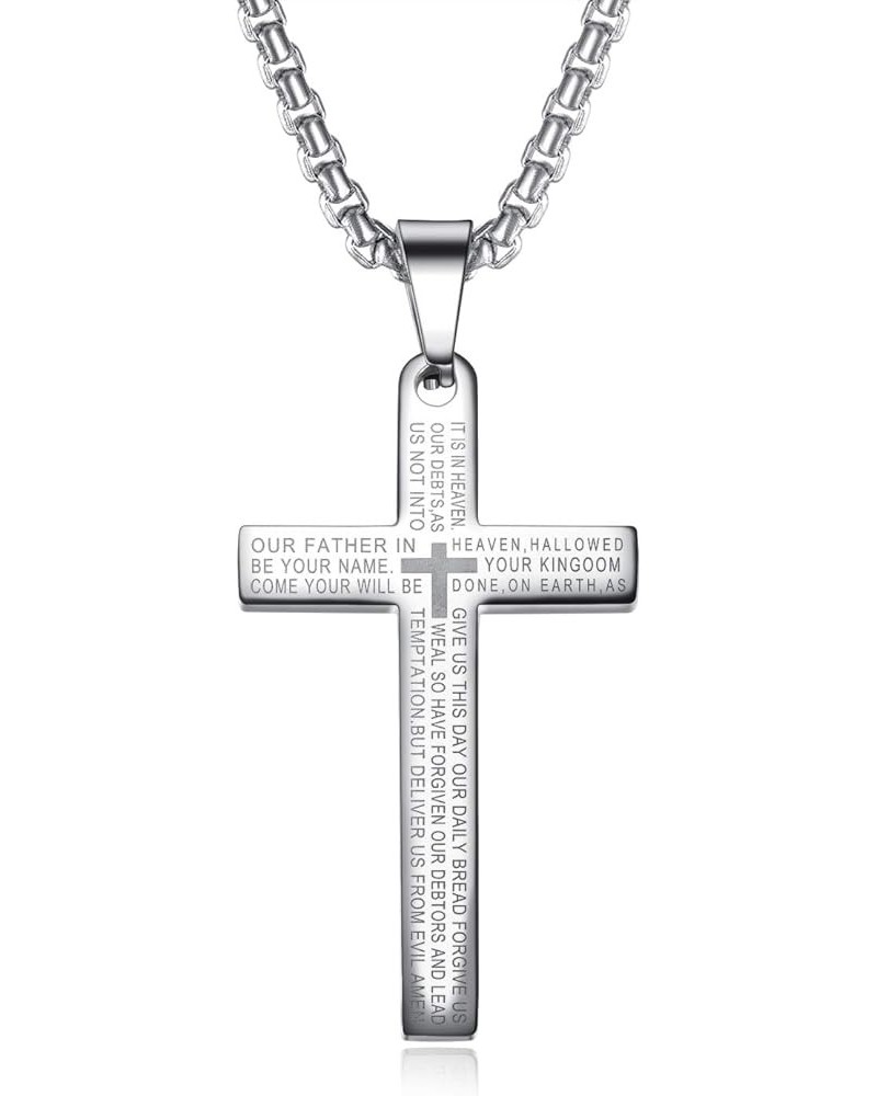 22+2 Inch Cross Necklace Bible Verse Stainless Steel Large Pendant Necklace for Boys Men Women Small-Silver $9.00 Necklaces