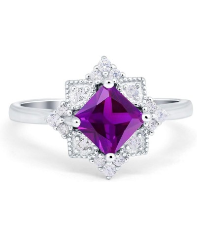 Art Deco Vintage Princess Cut Wedding Engagement Ring Round Simulated Cubic Zirconia 925 Sterling Silver Simulated Amethyst C...