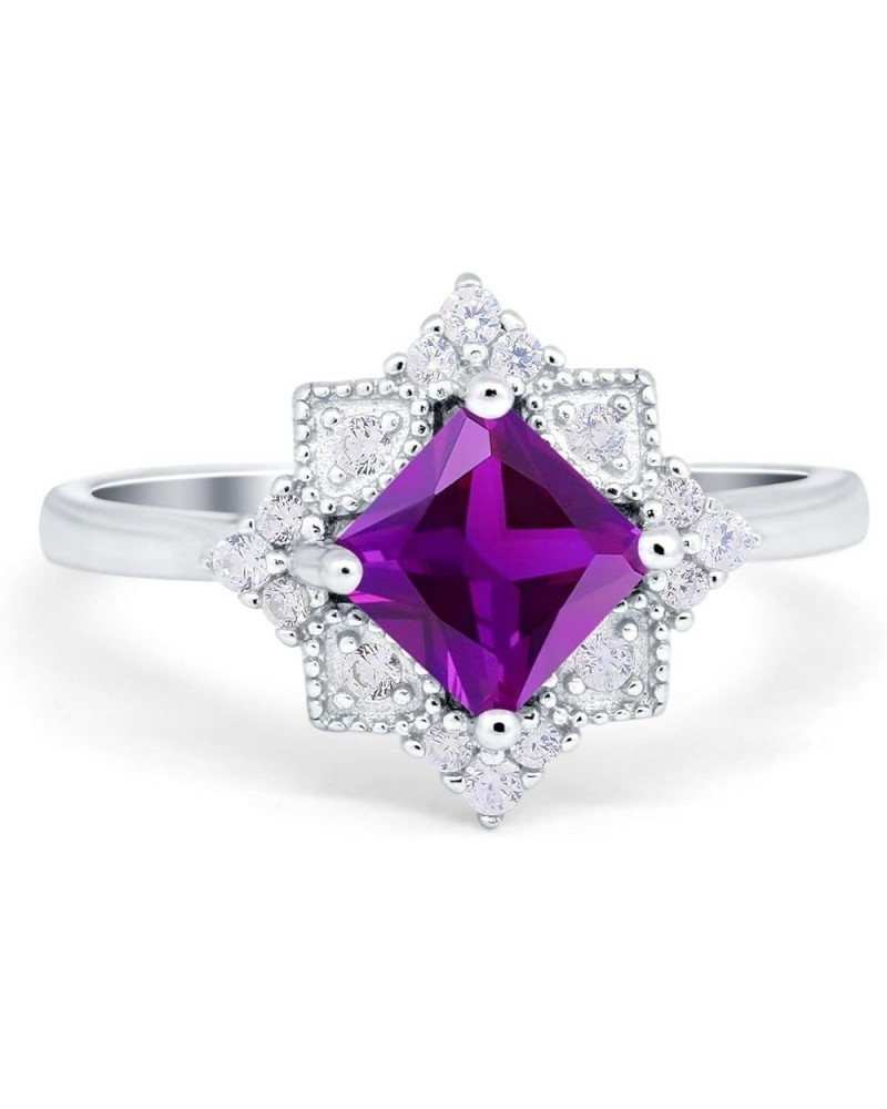 Art Deco Vintage Princess Cut Wedding Engagement Ring Round Simulated Cubic Zirconia 925 Sterling Silver Simulated Amethyst C...