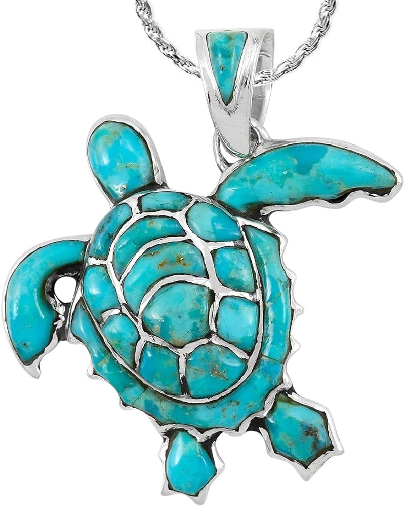 Turtle Pendant Necklace 925 Sterling Silver Genuine Gemstones & 20" Chain Turquoise $33.30 Necklaces