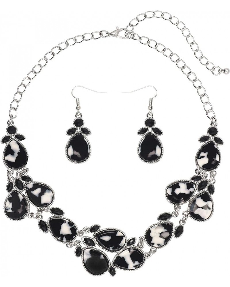 Shiny Resin Collar Necklace with Earrings white&black-bk $11.01 Necklaces