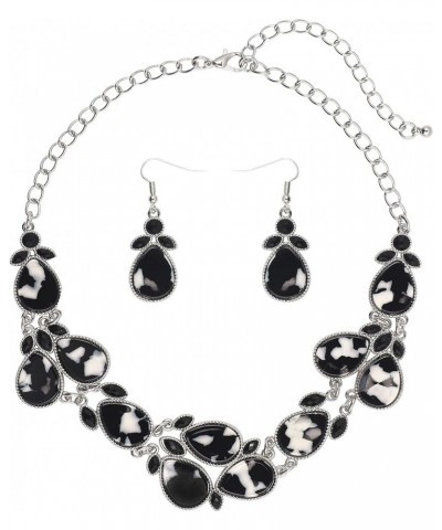 Shiny Resin Collar Necklace with Earrings white&black-bk $11.01 Necklaces