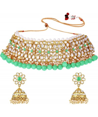 Wedding Party Wear Kundan Faux Pearl Choker Necklace Earring Traditional Jewelry Set For Women Mint $16.77 Jewelry Sets