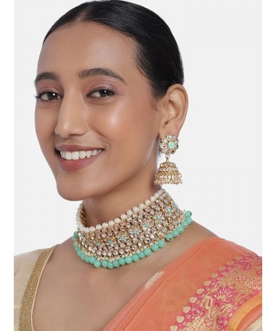 Wedding Party Wear Kundan Faux Pearl Choker Necklace Earring Traditional Jewelry Set For Women Mint $16.77 Jewelry Sets