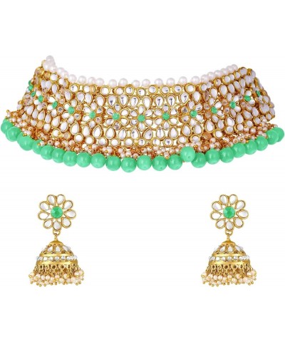 Wedding Party Wear Kundan Faux Pearl Choker Necklace Earring Traditional Jewelry Set For Women Mint $16.77 Jewelry Sets