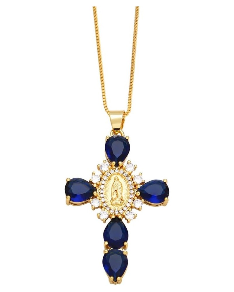 18K Gold Cross Necklace for Women, Virgin Mary Zirconia Micro Cross Pendant Blue $10.12 Necklaces