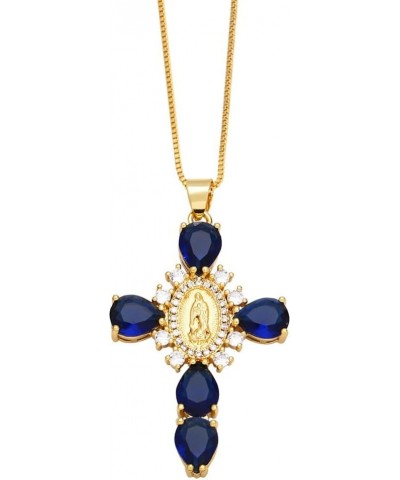 18K Gold Cross Necklace for Women, Virgin Mary Zirconia Micro Cross Pendant Blue $10.12 Necklaces