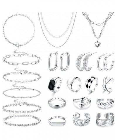 Jewelry Set with 3 PCS Necklaces, 5 PCS Bracelets, 3 Pairs Hoop Earrings, 10 Pcs Chunky Rings Jewelry Pack for Women Valentin...