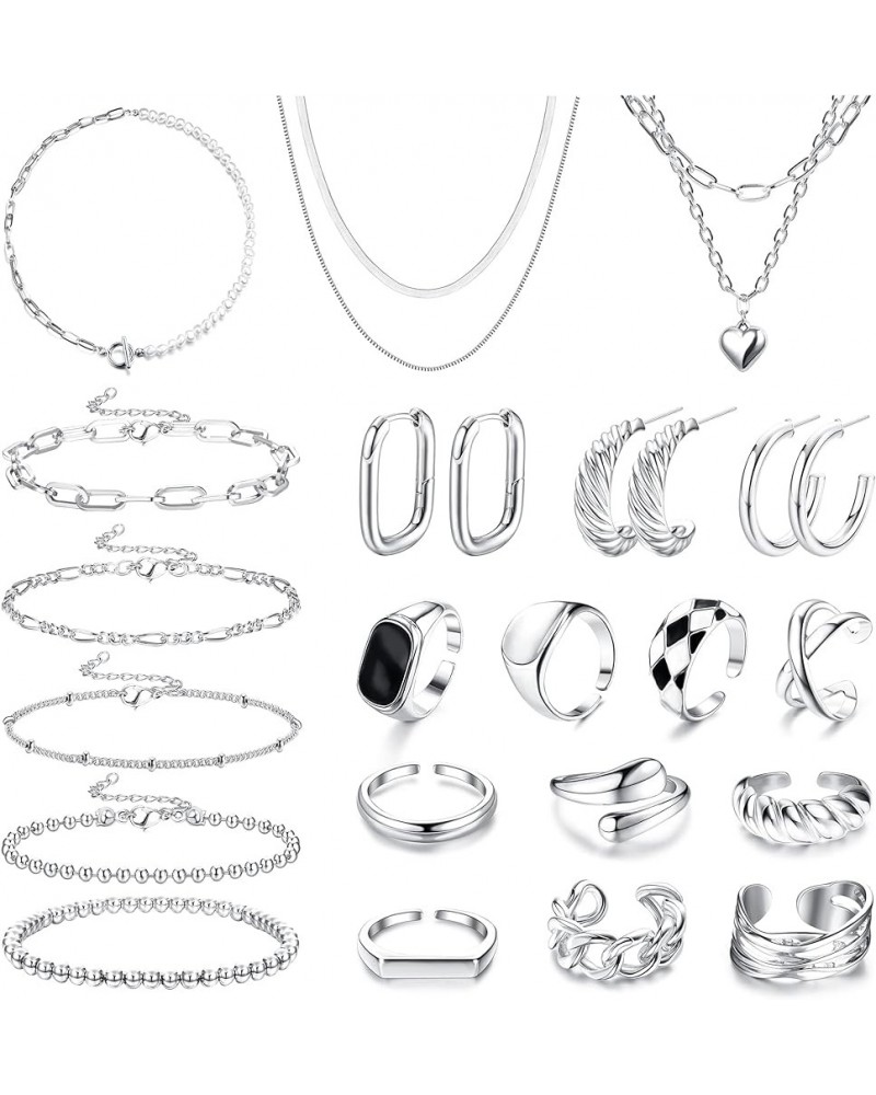 Jewelry Set with 3 PCS Necklaces, 5 PCS Bracelets, 3 Pairs Hoop Earrings, 10 Pcs Chunky Rings Jewelry Pack for Women Valentin...