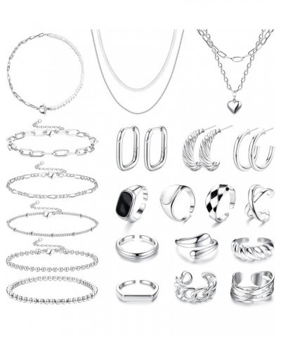 Jewelry Set with 3 PCS Necklaces, 5 PCS Bracelets, 3 Pairs Hoop Earrings, 10 Pcs Chunky Rings Jewelry Pack for Women Valentin...