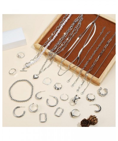 Jewelry Set with 3 PCS Necklaces, 5 PCS Bracelets, 3 Pairs Hoop Earrings, 10 Pcs Chunky Rings Jewelry Pack for Women Valentin...