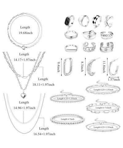 Jewelry Set with 3 PCS Necklaces, 5 PCS Bracelets, 3 Pairs Hoop Earrings, 10 Pcs Chunky Rings Jewelry Pack for Women Valentin...