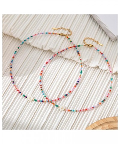 Initial Necklaces for Women Girls 2mm Small Colorful Necklaces for Women Beaded Necklace Personalized 18K Gold Plated Letter ...