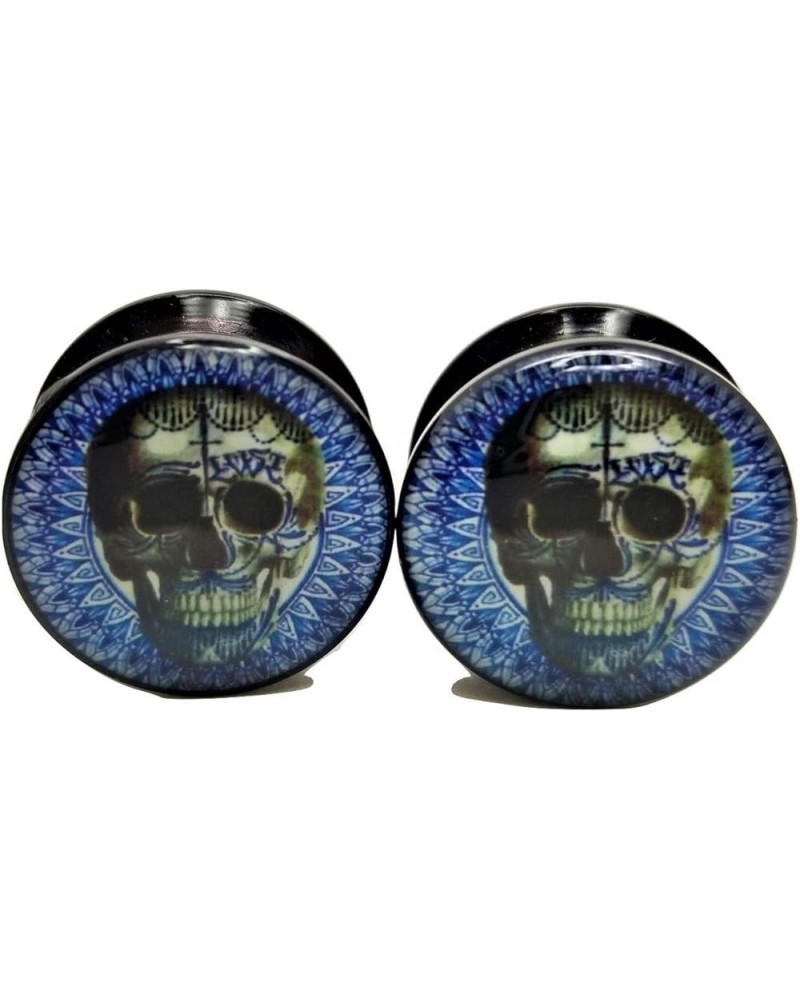 Skull w/Blue Design Ear Plugs - Acrylic - Screw-On - New *Pair* - 8 Sizes 0 Gauge (8mm) $9.15 Body Jewelry