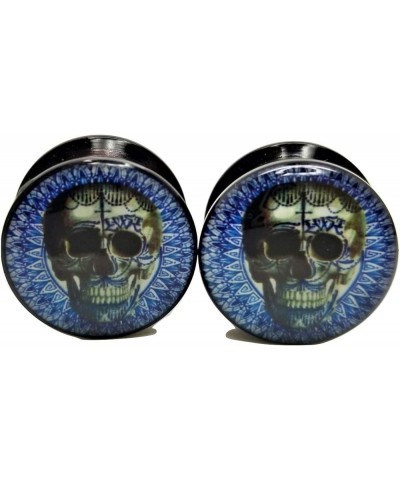 Skull w/Blue Design Ear Plugs - Acrylic - Screw-On - New *Pair* - 8 Sizes 0 Gauge (8mm) $9.15 Body Jewelry