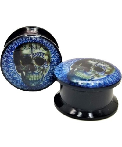 Skull w/Blue Design Ear Plugs - Acrylic - Screw-On - New *Pair* - 8 Sizes 0 Gauge (8mm) $9.15 Body Jewelry