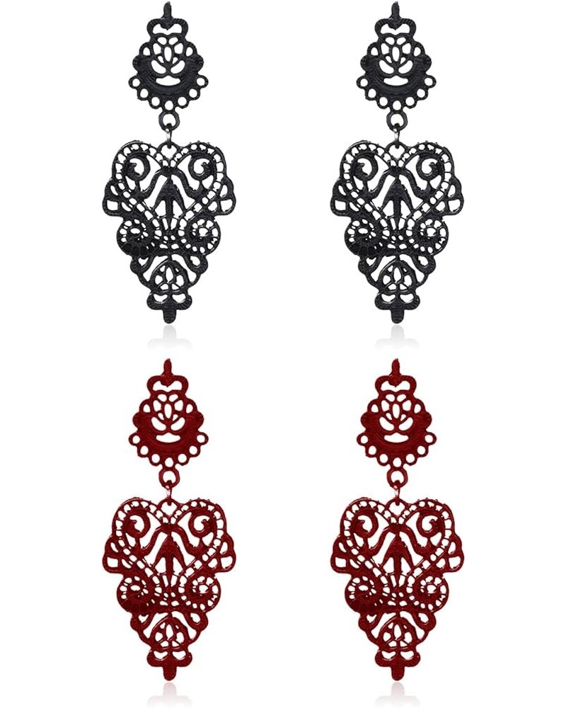 2 pairs Bohemian Filigree Chandelier Hollow Lace Pattern Earrings Lightweight Moroccan Style Floral Geometric Dangling Drop E...