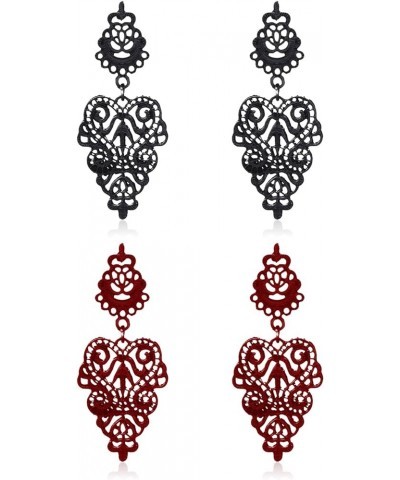 2 pairs Bohemian Filigree Chandelier Hollow Lace Pattern Earrings Lightweight Moroccan Style Floral Geometric Dangling Drop E...