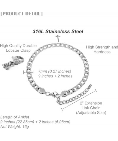 Stainless Steel Chain Anklet for Women Girls Waterproof Jewelry Adjustable Ankle Bracelet Jewelry D: Curb Cuban (Silver 7mm) ...