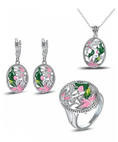 925 Sterling Silver Plated Leaves Flower Earrings Colorful Enamel Jewelry Set CZ Simulated Diamond Drop & Dangle Earrings for...