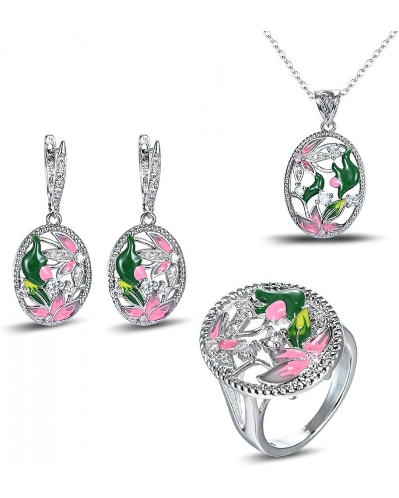 925 Sterling Silver Plated Leaves Flower Earrings Colorful Enamel Jewelry Set CZ Simulated Diamond Drop & Dangle Earrings for...