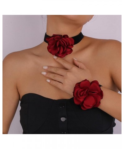 Vintage Black Suede Choker with Large Flower Elegant Floral Collar Necklace and Bracelet Set 2pcs Prom Party Romantic Rose Ac...