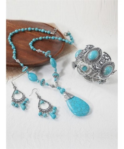 3 PCS Vintage Turquoise Women Necklace Jewelry Set Bead Simulated Cute Western Necklace Earrings Bangle Bracelets Accessories...