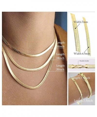 Real Gold Plated Italian Snake Chain Necklace Flat Herringbone Choker Dainty Necklace Bracelet Set for Women 16-18-20 Inch 7m...