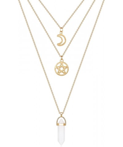 Moon Pentagram Necklace Y2K Pentacle Crystal Chakra Necklace Charm Pendant Multi Gold Layered Necklaces for Women Choker Neck...