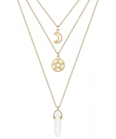 Moon Pentagram Necklace Y2K Pentacle Crystal Chakra Necklace Charm Pendant Multi Gold Layered Necklaces for Women Choker Neck...