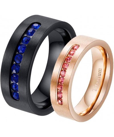 Two Rings Couple Rings Black Rose Gold Plated Titanium Steel Blue Cz Mens Wedding Band Pink Cz Womens Wedding Ring women's si...