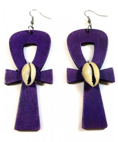 Anka Ankh Symbol of Life Cross Wood Sea Shell Point Fashion Style Women Dangle Earrings Purple $8.10 Earrings