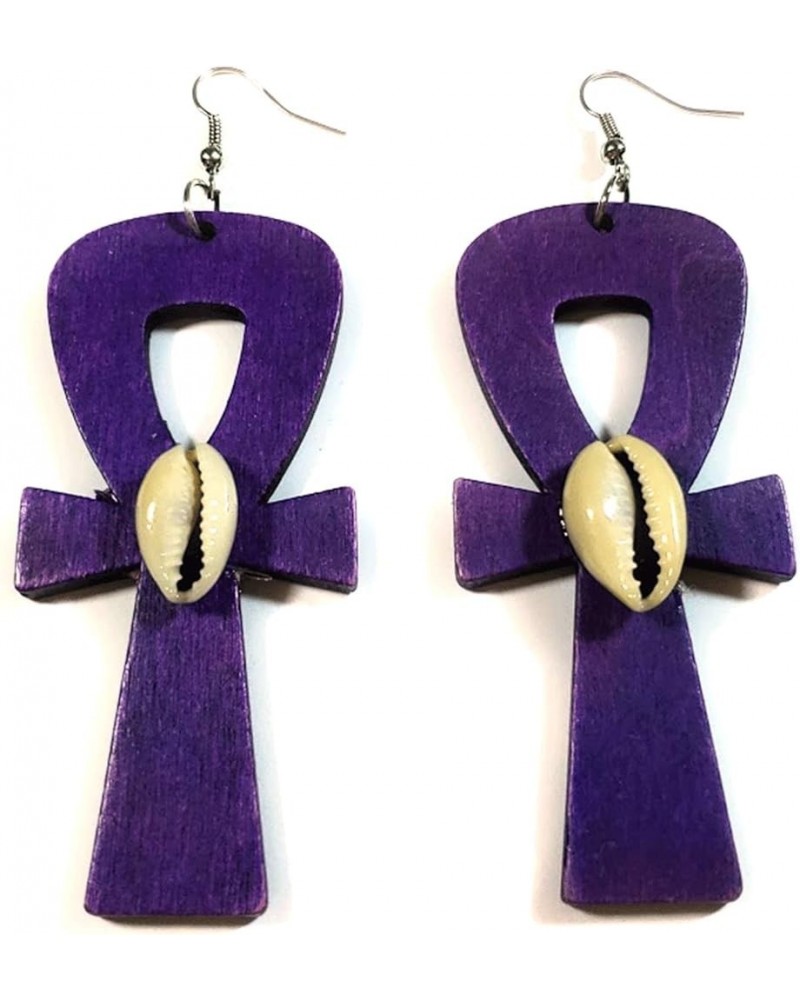 Anka Ankh Symbol of Life Cross Wood Sea Shell Point Fashion Style Women Dangle Earrings Purple $8.10 Earrings