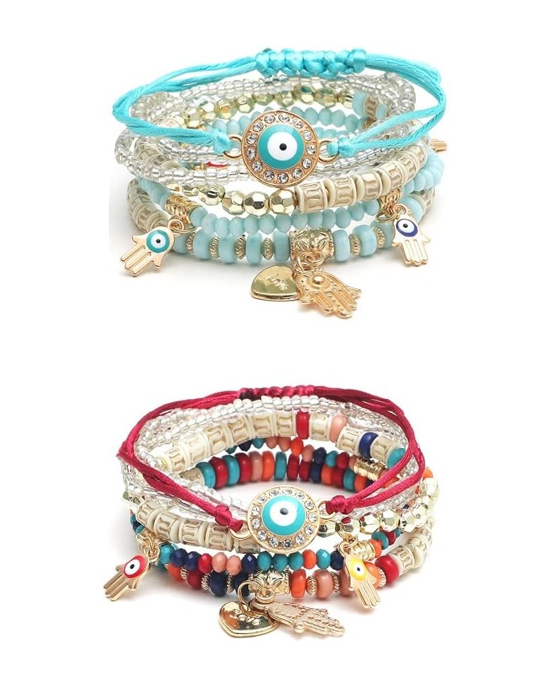 4/2 Sets Bohemian Stretch Beads Bracelets Multilayer Evil Eye Hamsa Hand Bracelet Boho Charms Stackable Bracelet Handmade Mul...