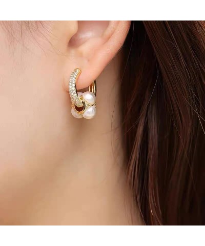 Pearl Hoop Earrings for Women, Trendy 14K Gold Plated Round Pearl Cuff Hoop Earrings Hypoallergenic Statement Earrings Jewelr...