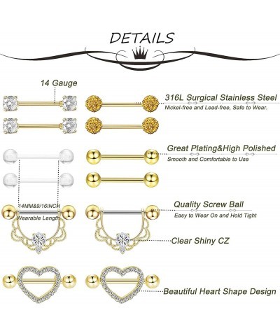 6 Pairs 14G 316L Stainless Steel Nipplerings Nipple Tongue Rings Women Girls CZ Barbell Body Piercing Jewelry D: 6 Pairs (Gol...