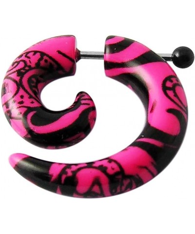 Black Tribal Tattoo Pattern on Pink Acrylic Spiral with Surgical Steel Fake Gauge Ear Plugs - Sold by Piece 8.0 Millimeters $...