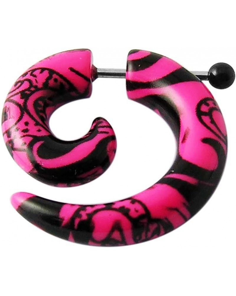 Black Tribal Tattoo Pattern on Pink Acrylic Spiral with Surgical Steel Fake Gauge Ear Plugs - Sold by Piece 8.0 Millimeters $...