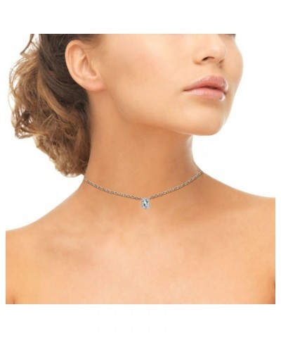 Sterling Silver Genuine or Synthetic Gemstone Oval Halo Dainty Short Choker Necklace for Women Girls Light Aquamarine - March...