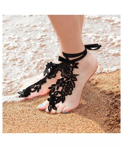 2 Pairs Lace Barefoot Sandals Sexy Lace Barefoot Embroidery Anklet with Toe Ring Vintage Floral Lace Anklet Slave Barefoot Sa...