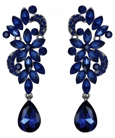 Women's Bohemian Boho Crystal Flower Wedding Bridal Chandelier Teardrop Bling Clip-On Dangle Earrings 03-Navy Blue Black-Tone...