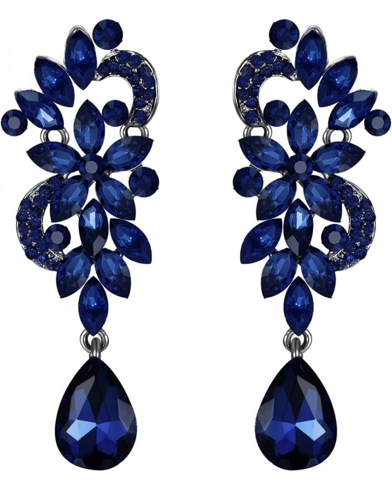 Women's Bohemian Boho Crystal Flower Wedding Bridal Chandelier Teardrop Bling Clip-On Dangle Earrings 03-Navy Blue Black-Tone...